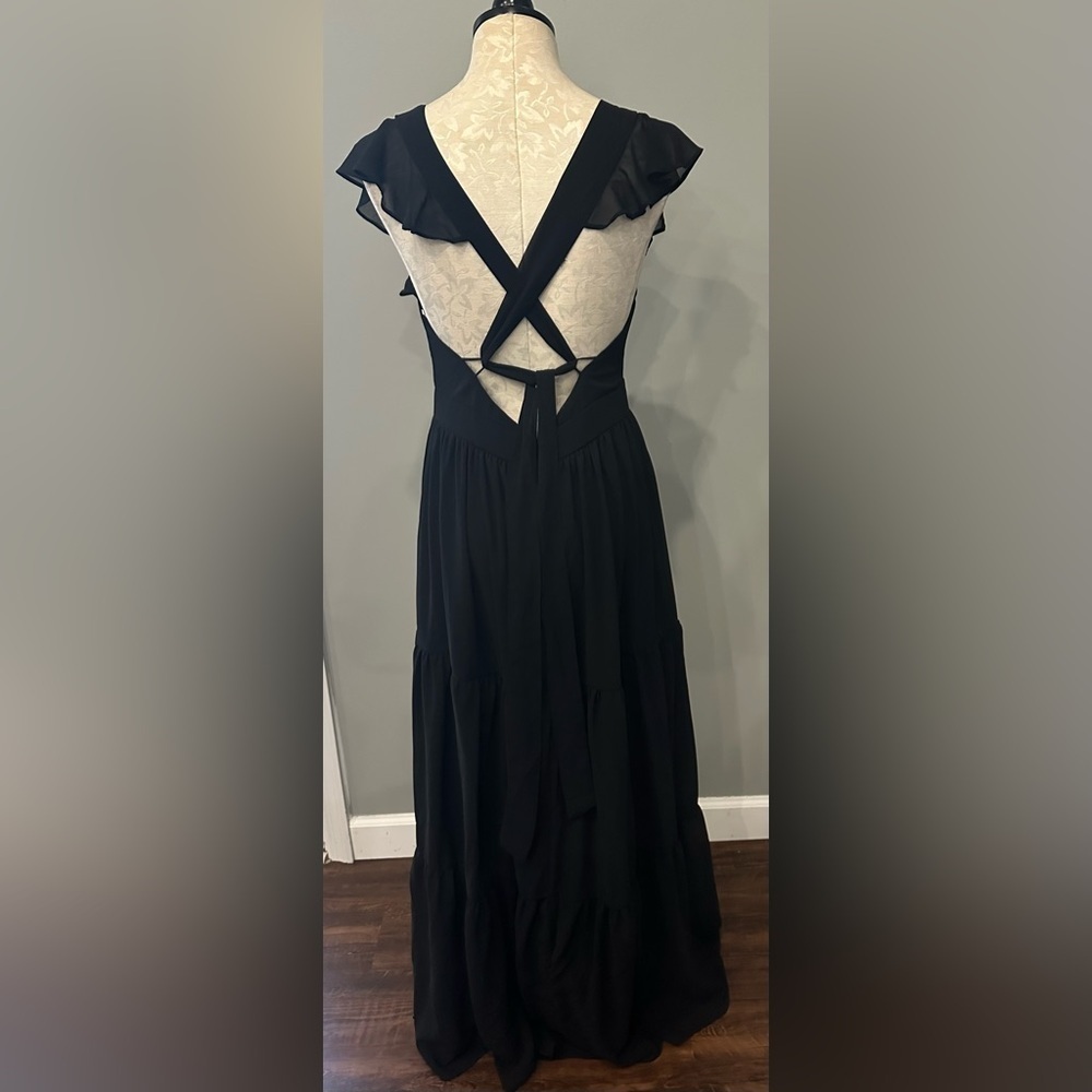 Lulus Charming Success Black Tiered Lace-Up Backless Maxi Dress Size L - Picture 10 of 11